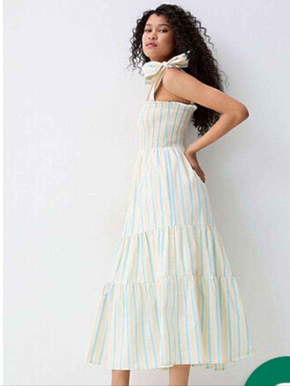 100% Cotton Yellow Blue Stripe Tie-Strap Tiered Midi Dress Summer Coastal Medium